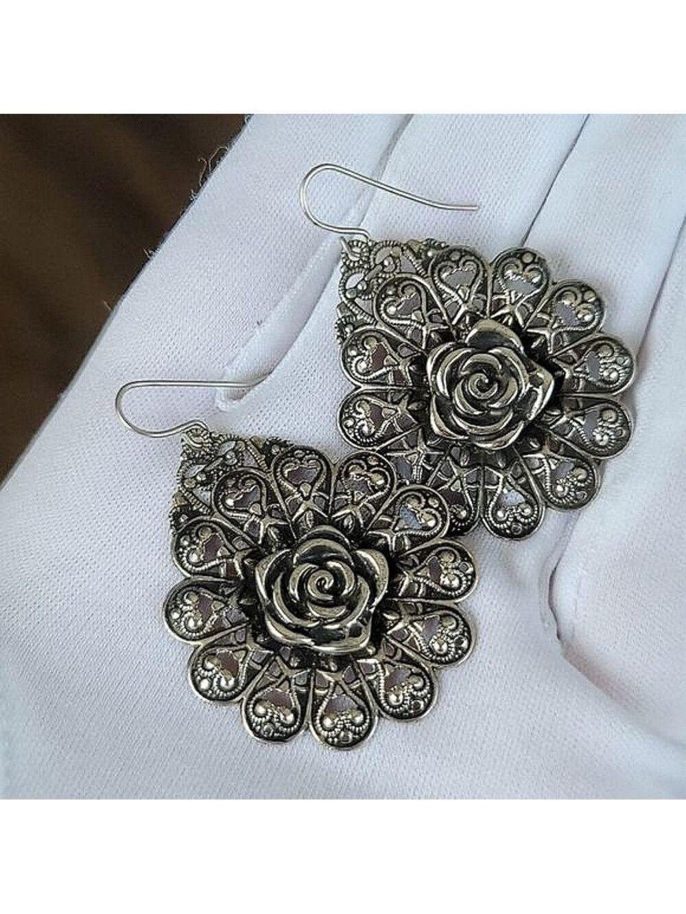 Silver Tone Ornate Earrings #0090